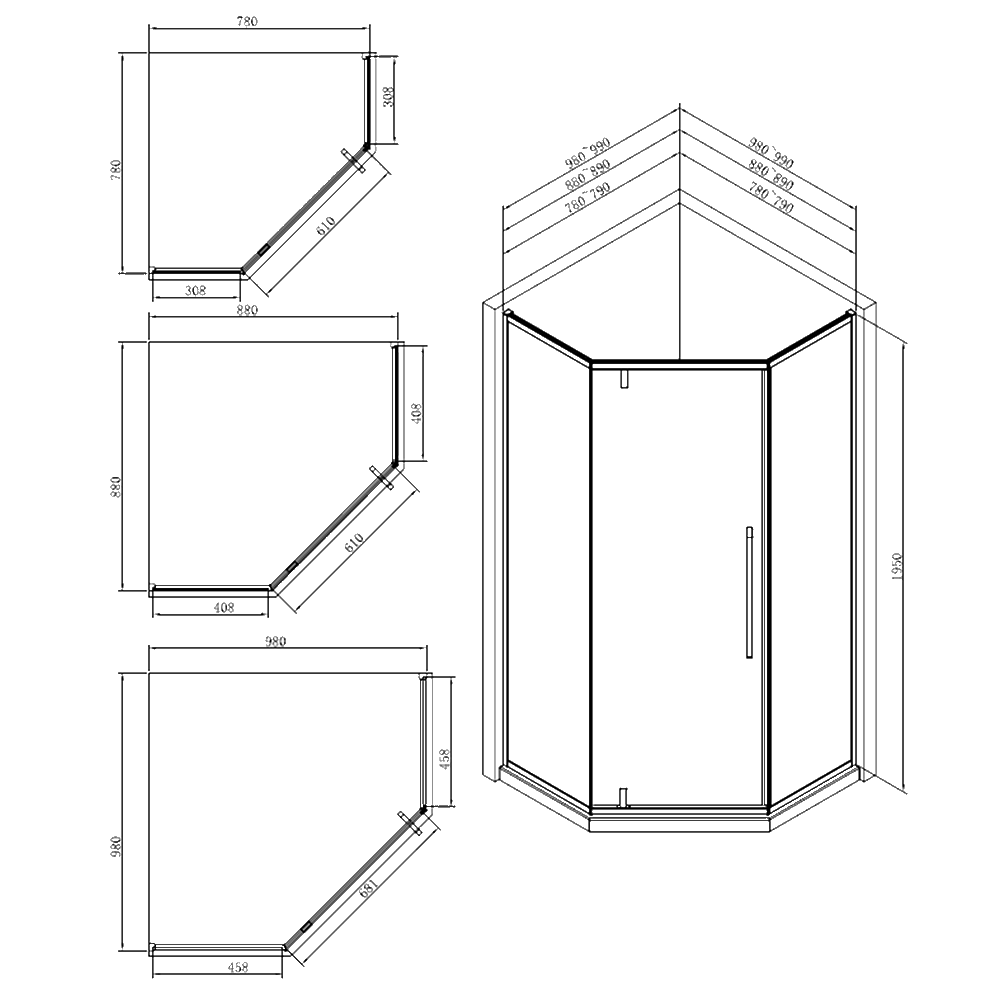 Sch&eacute;ma dimensions paroi de douche PIVOTY 1